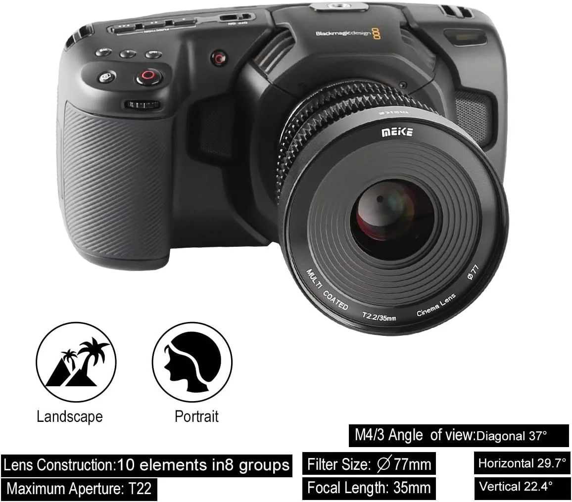 لنز سینمایی ۳۵ میلی‌متری MEKE T2.2 با دیافراگم باز، فوکوس دستی، کمترین اعوجاج و کیفیت 4K، مناسب برای دوربین‌های Micro Four Thirds M43 MFT سازگار با Olympus Panasonic Lumix BMPCC 4K Zcam E2 GH5 GH6 GH7
