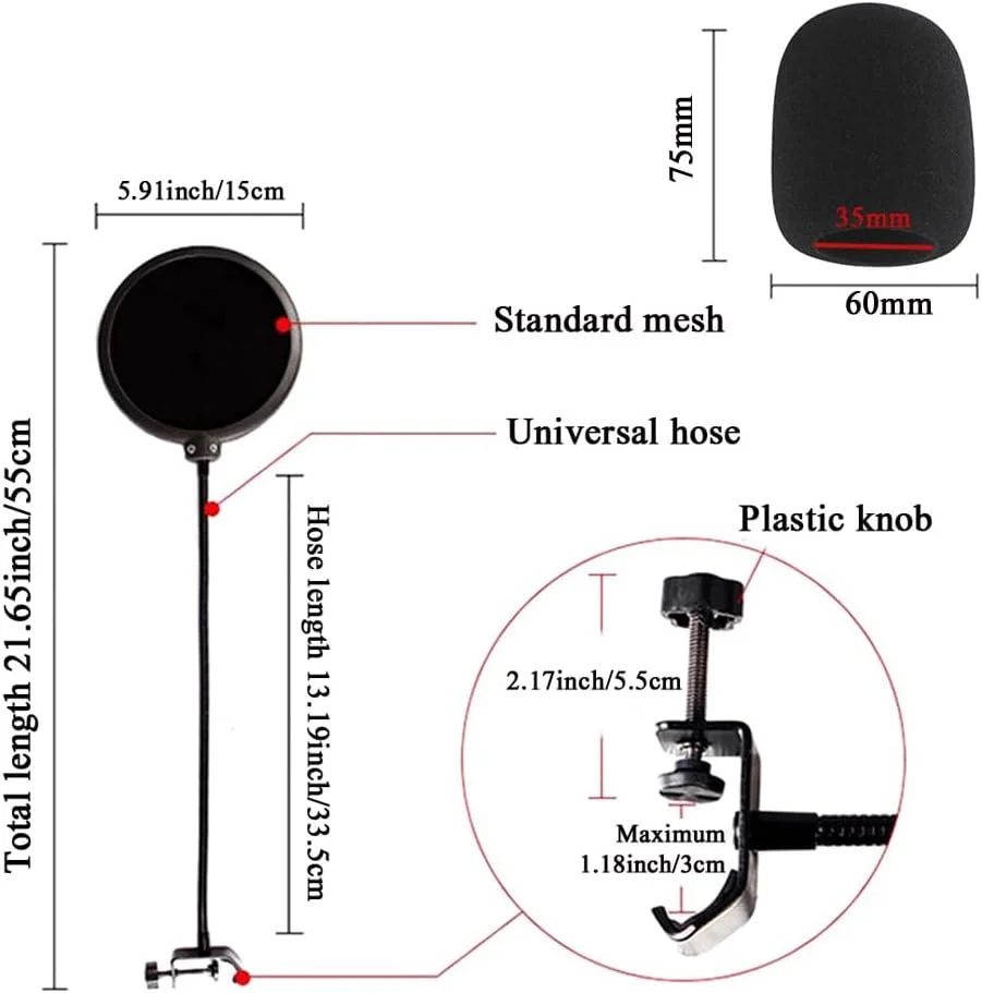 محافظ پاپ میکروفون Helweet، فیلتر پاپ میکروفون، با 2 روکش فوم میکروفون، محافظ پاپ دولایه باد برای میکروفون ها با گیره گردن غازی 360 درجه برای اکثر میکروفون ها