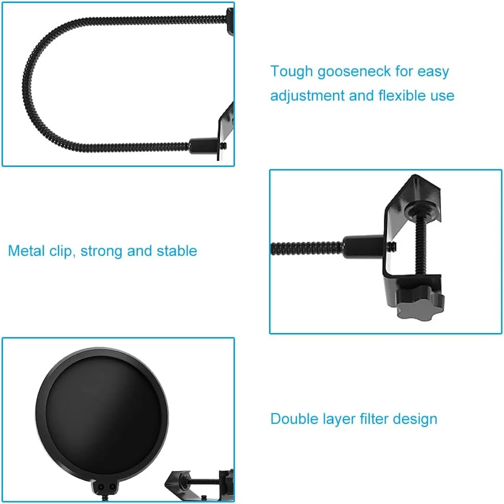 محافظ پاپ میکروفون Helweet، فیلتر پاپ میکروفون، با 2 روکش فوم میکروفون، محافظ پاپ دولایه باد برای میکروفون ها با گیره گردن غازی 360 درجه برای اکثر میکروفون ها