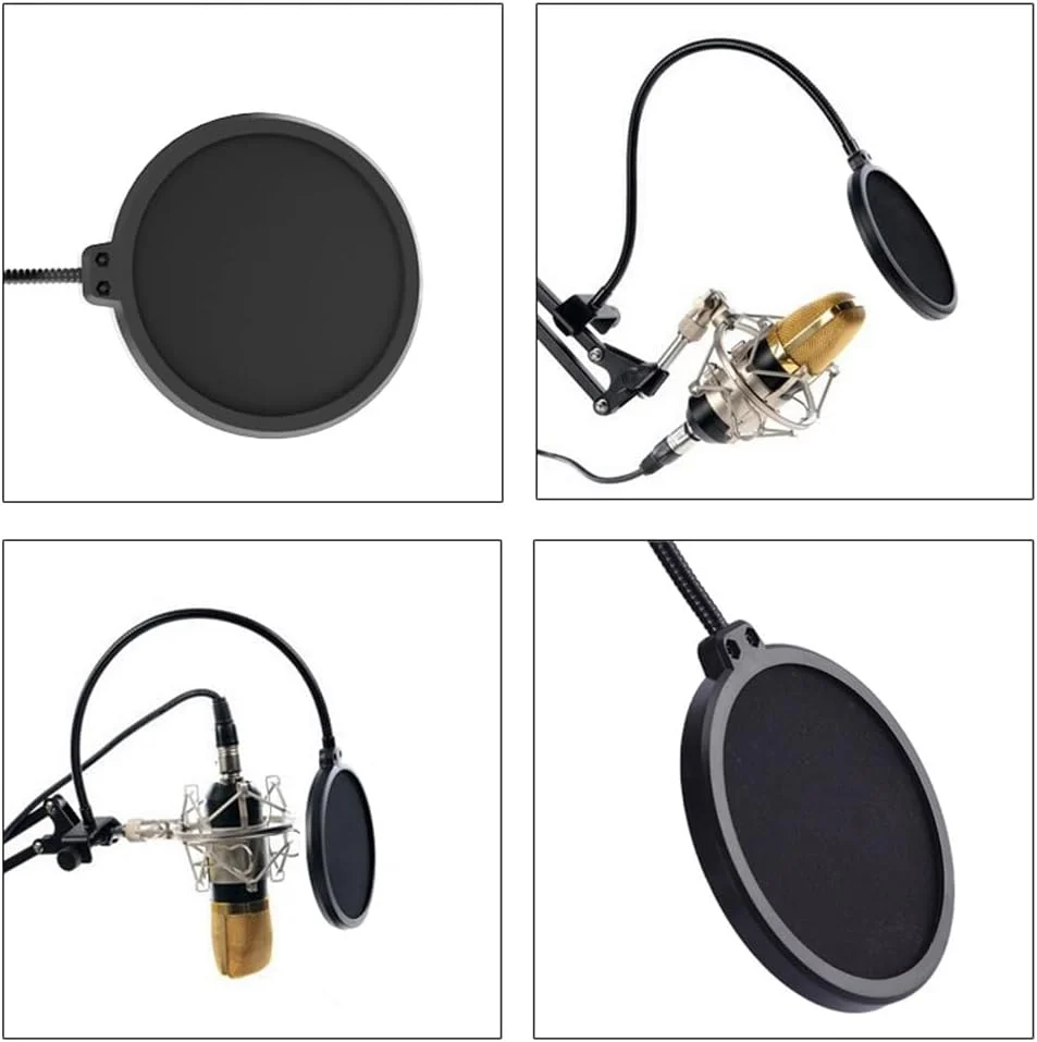 محافظ پاپ میکروفون Helweet، فیلتر پاپ میکروفون، با 2 روکش فوم میکروفون، محافظ پاپ دولایه باد برای میکروفون ها با گیره گردن غازی 360 درجه برای اکثر میکروفون ها