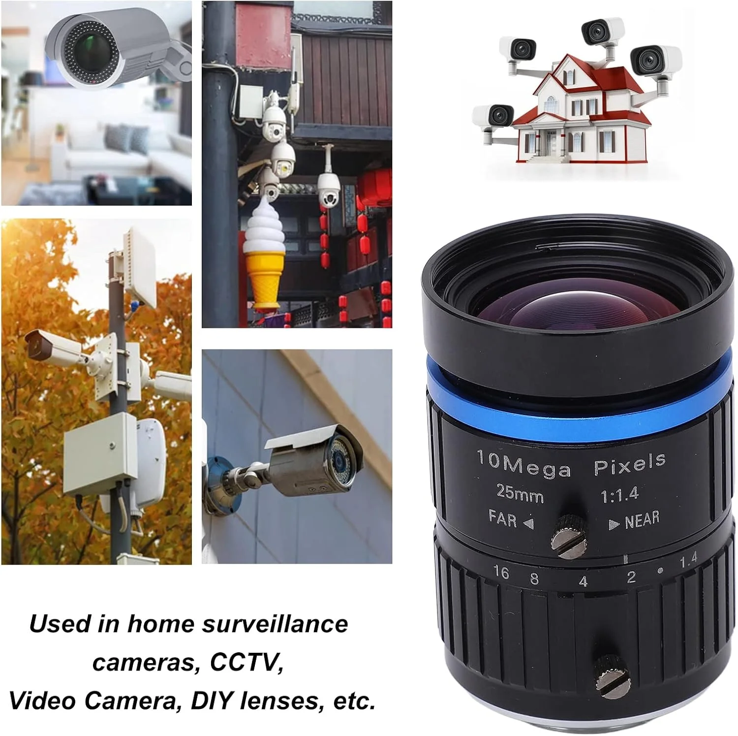 لنز آلیاژ آلومینیوم 10 مگاپیکسلی C با مانت دوربین مداربسته، فاصله کانونی 25 میلی‌متری و دیافراگم دستی برای لنز جایگزین دوربین نظارتی