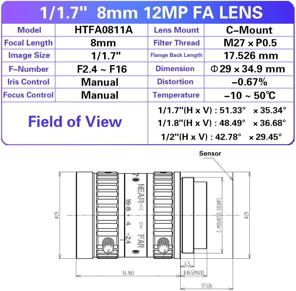 لنز ثابت 8 میلی‌متری 12 مگاپیکسلی f/2.4 با مانت C، مناسب برای دوربین‌های صنعتی با رزولوشن بالا