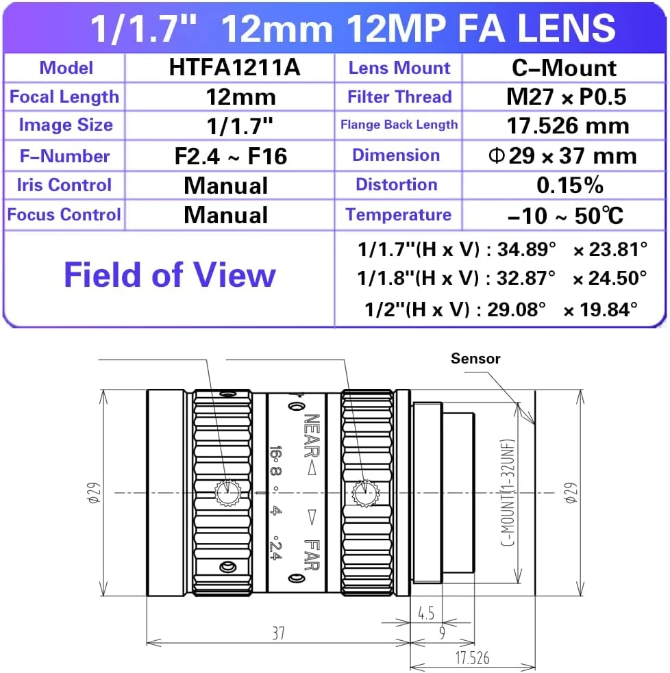لنز 12 مگاپیکسل 12 میلی‌متری با فوکوس ثابت f/2.4 مانت C، مناسب برای دوربین‌های صنعتی با رزولوشن بالا و دید ماشینی، لنزهای دستی Lris