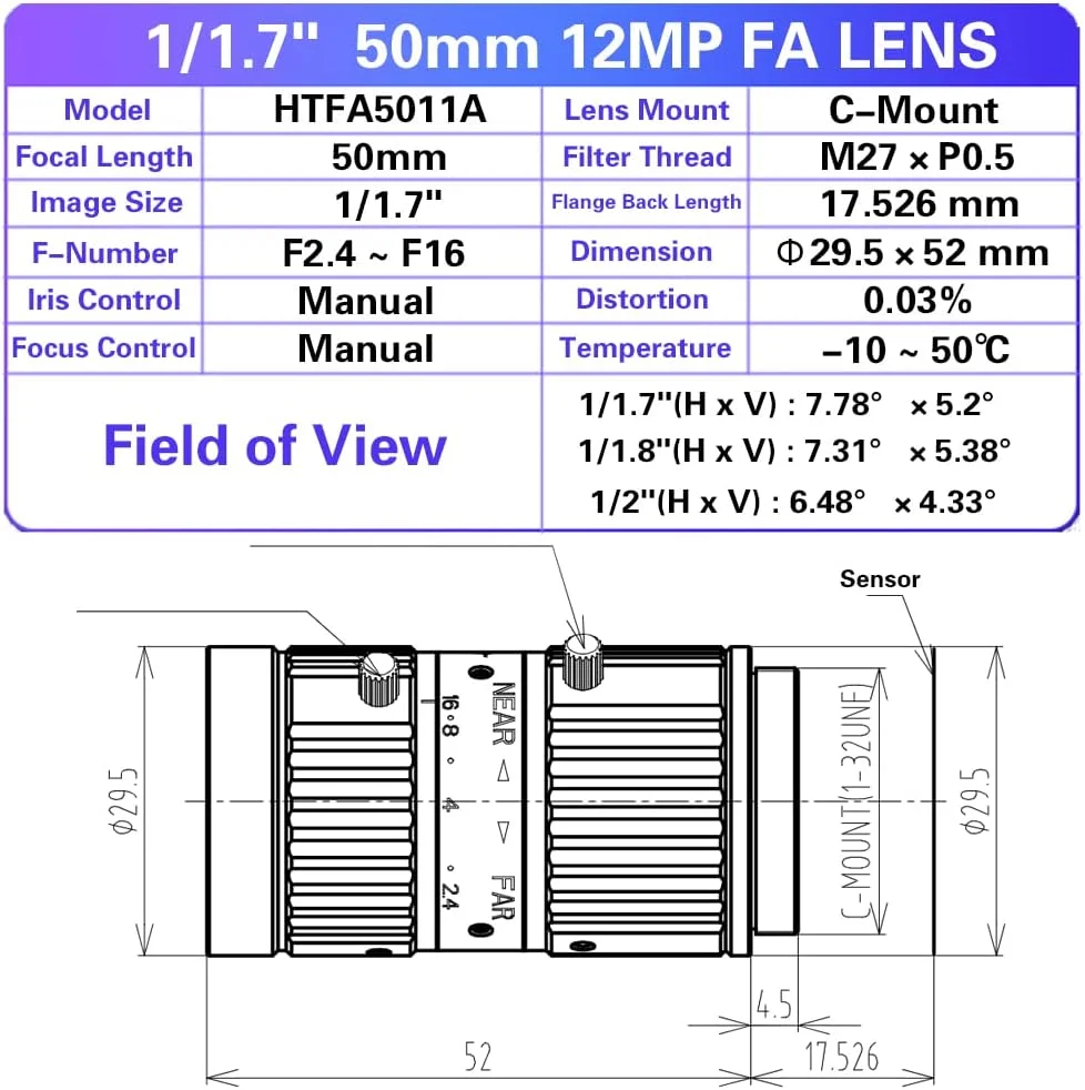 لنز 12 مگاپیکسل 50 میلی‌متری با فوکوس ثابت 1/1.7 اینچی، مانت C، مناسب برای دوربین‌های صنعتی با رزولوشن بالا و لنزهای دستی