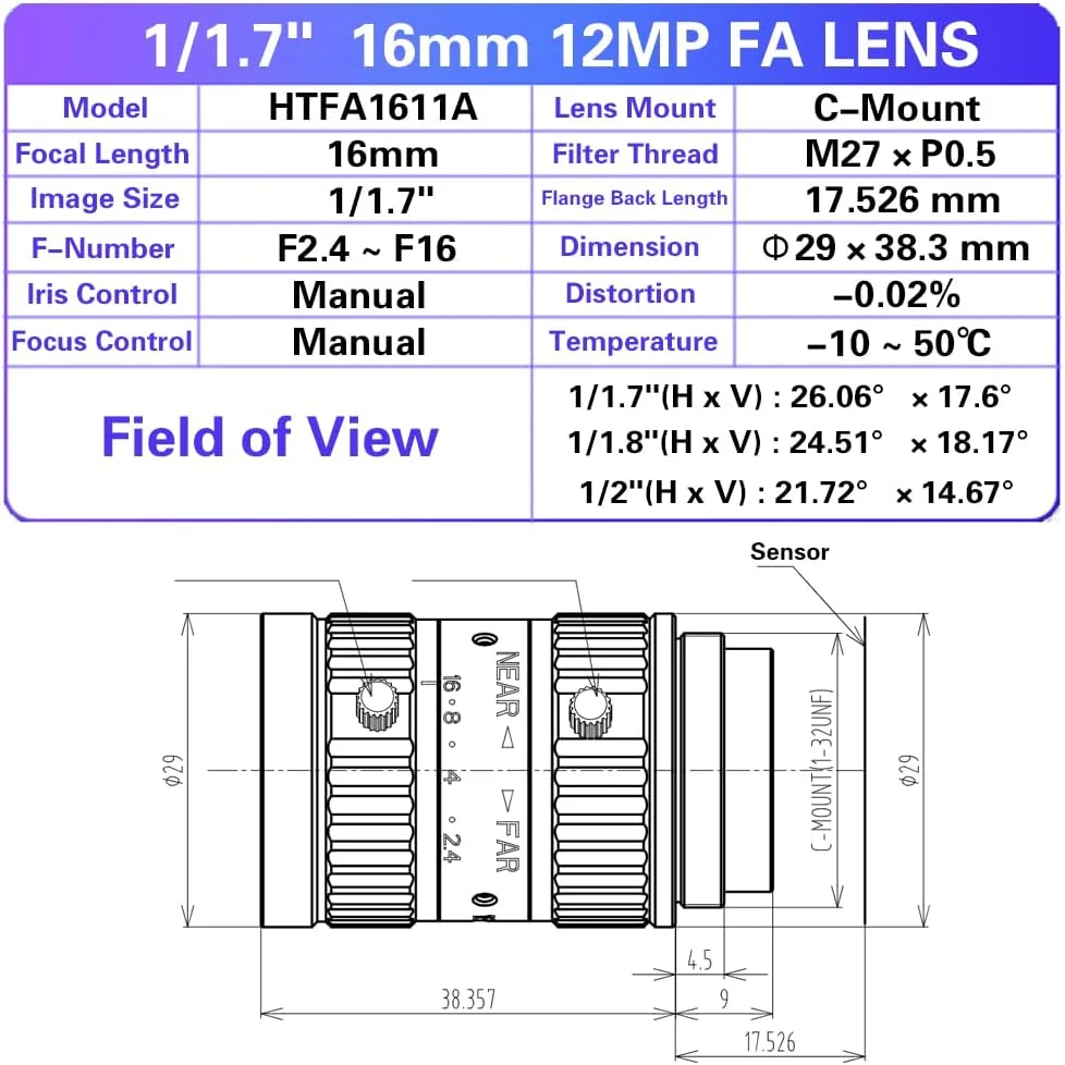 لنز 12 مگاپیکسلی 16 میلی‌متری 1/1.7 اینچی با فوکوس ثابت f/2.4 مانت C، لنزهای دستی صنعتی با وضوح بالا برای دوربین‌های دید ماشین