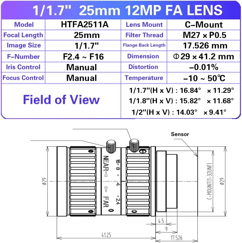لنز 12 مگاپیکسلی 25 میلی‌متری با فوکوس ثابت f/2.4، مانت C، مناسب برای دوربین‌های صنعتی با رزولوشن بالا