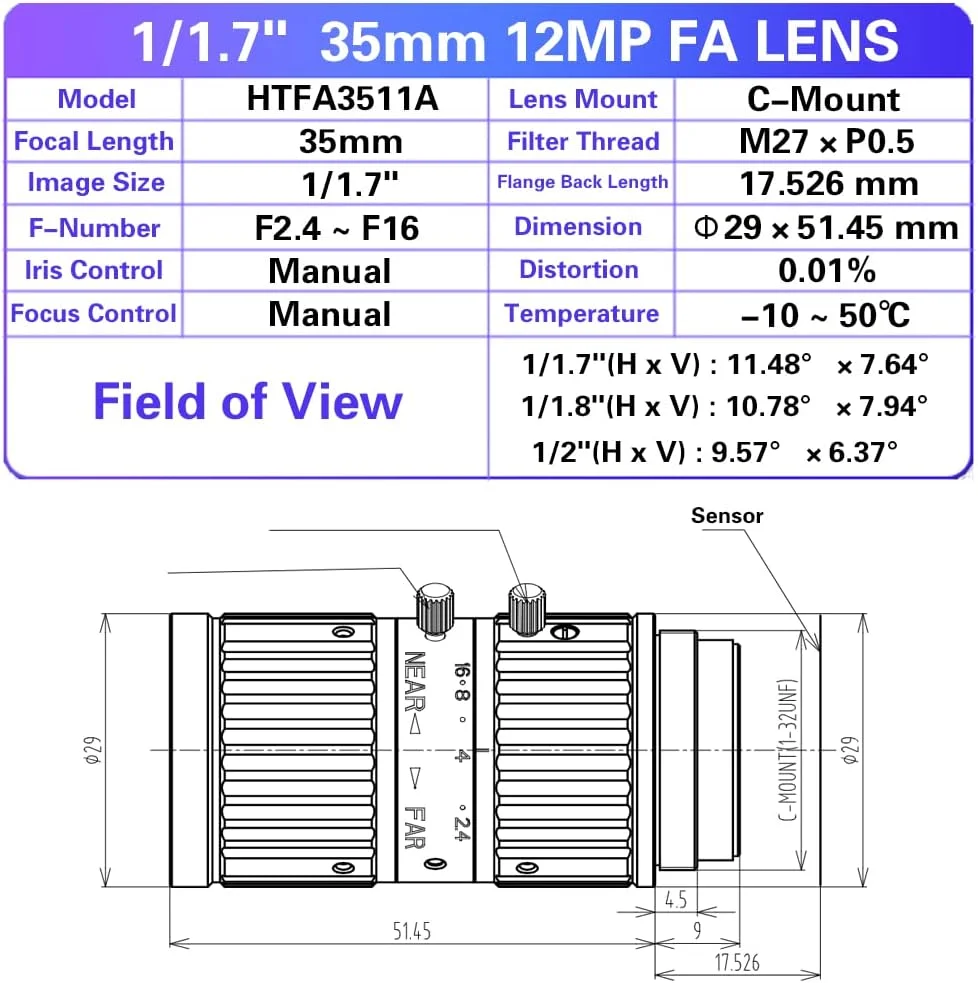 لنز 12 مگاپیکسل 35 میلی‌متری 1/1.7 اینچی با فوکوس ثابت f/2.4 مانت C، لنزهای دوربین صنعتی با رزولوشن بالا و دید ماشینی با دریچه دیافراگم دستی