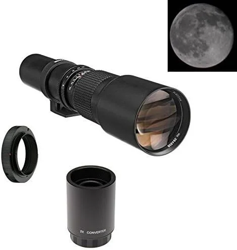 لنز تله فوتو 500mm f/8 با فوکوس دستی + تله کانورتر 2x = 1000mm برای دوربین های دیجیتال بدون آینه Sony Alpha a7, a7S, a7IIK, a7II, a7R II, a6500, a6300, a6000, a5000, a5100, a3000 با مانت E