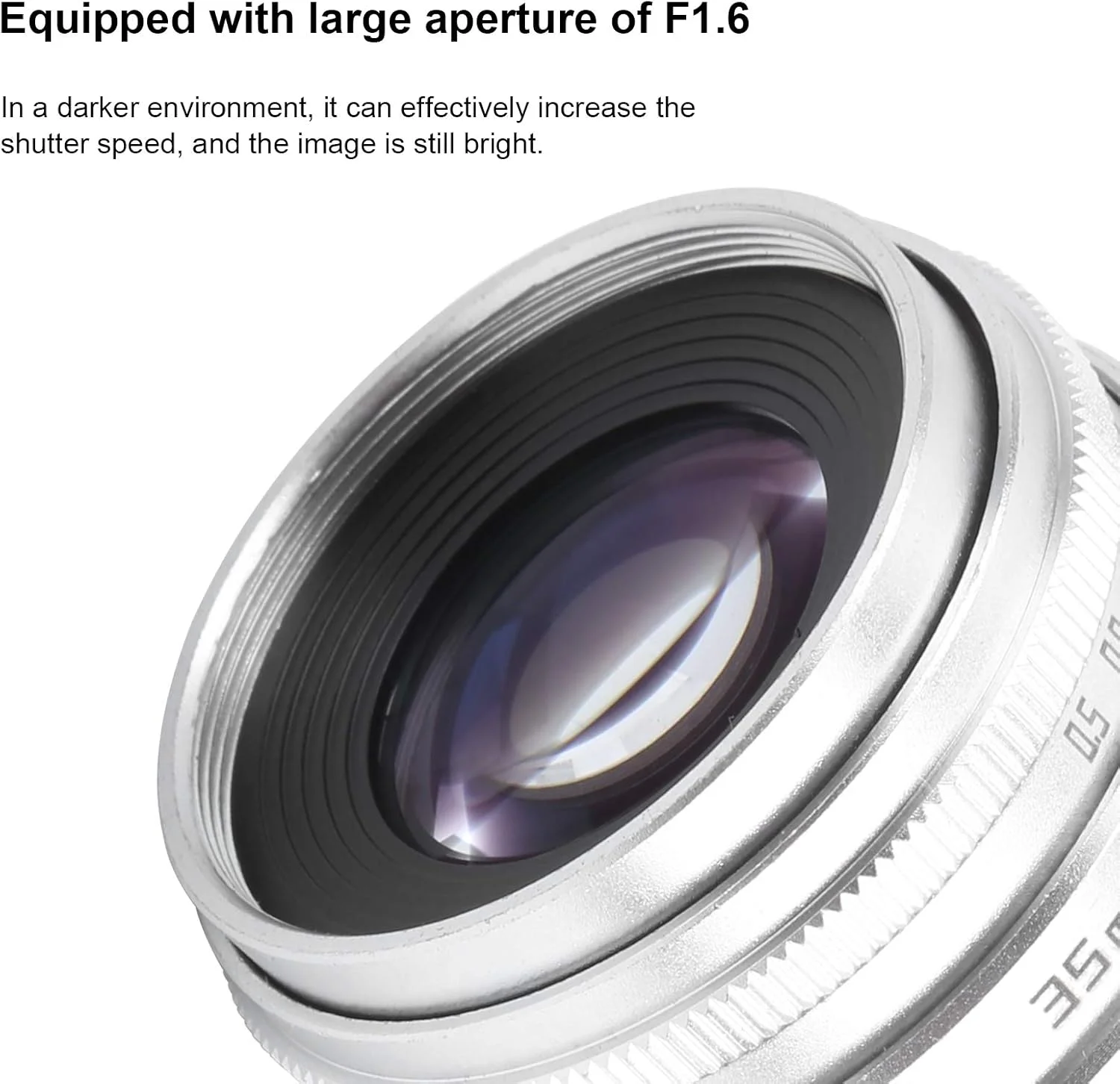 لنز دیافراگم باز Goshyda، ۳۵ میلی‌متری با مانت C، آلیاژ آلومینیوم و شیشه اپتیکال، MC چندلایه، لنز دوربین پرتره با فوکوس ثابت دستی (نقره‌ای)