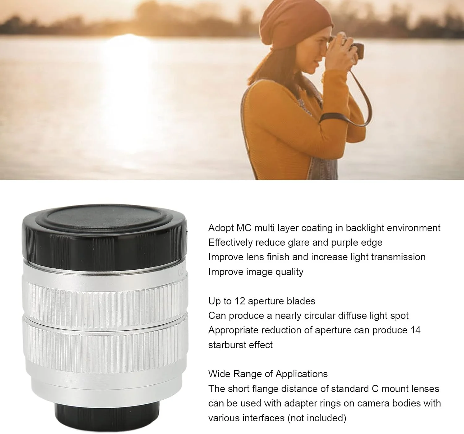 لنز فوکوس دستی 35 میلی‌متری 2/3 Goshyda، لنز تله‌سین با دیافراگم بزرگ و مانت C با فوکوس ثابت F1.7، لنز دیافراگم دستی آلیاژ آلومینیوم برای دوربین‌های بدون آینه (نقره‌ای)