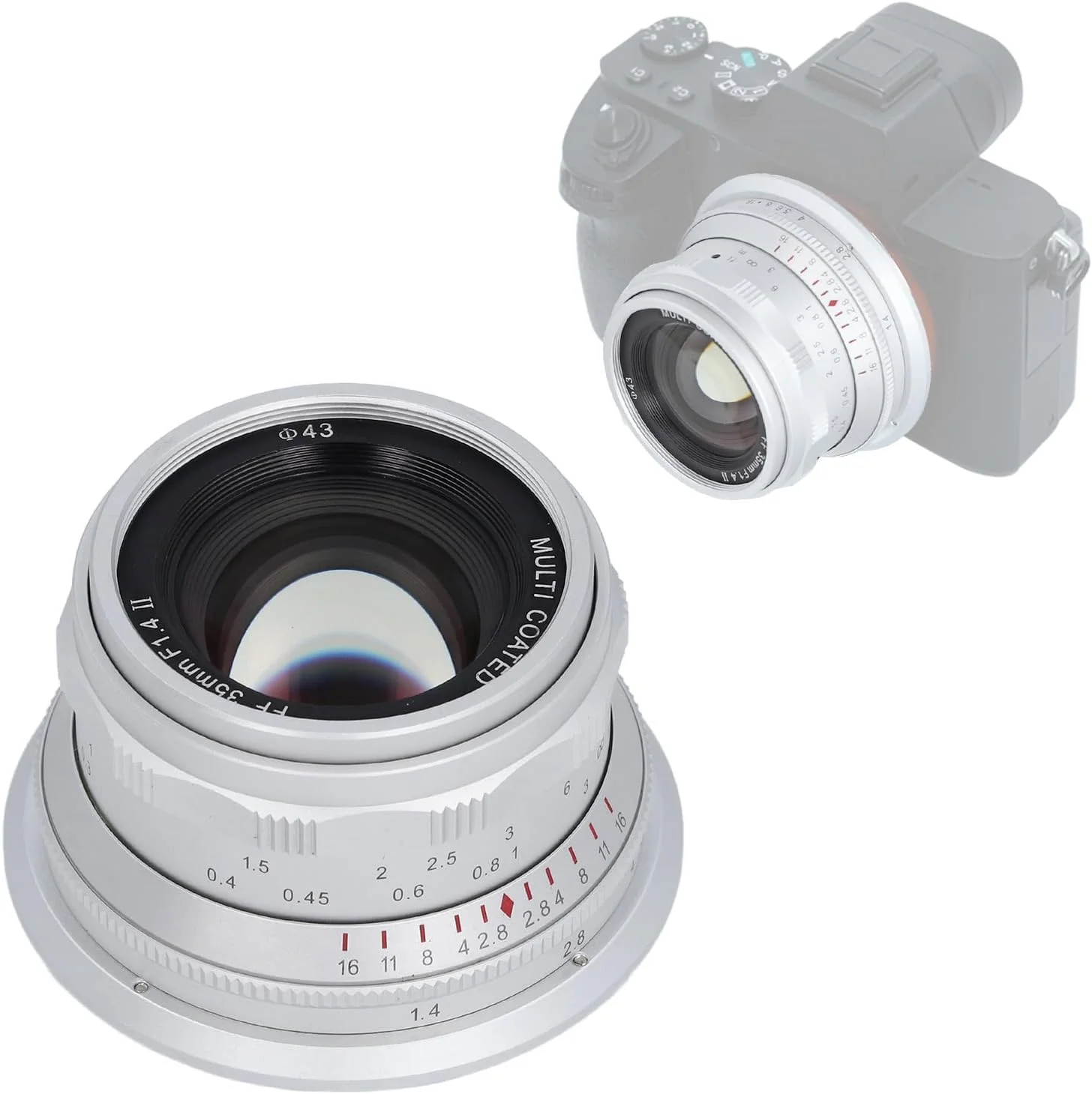 لنز 35 میلی‌متری F1.4 II با فریم کامل و فوکوس ثابت برای دوربین‌های با مانت RF، ایده‌آل برای عکاسی پرتره، لنز فوکوس دستی برای EOSR RP R5 R6 R3، شیشه اپتیکال/فریم فلزی (سفید)
