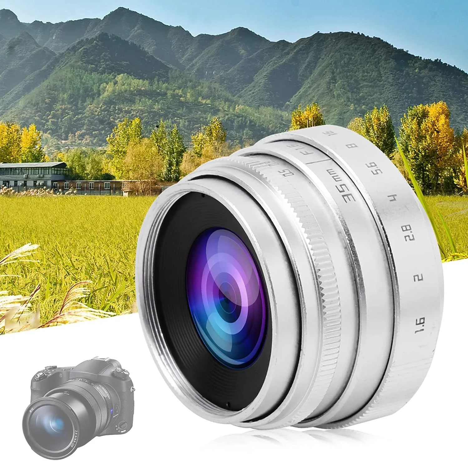 لنز دوربین 35 میلی‌متری F1.6 با دهانه C و دیافراگم بزرگ برای لنزهای فوکوس دستی NEX M4/3 FX (نقره‌ای)