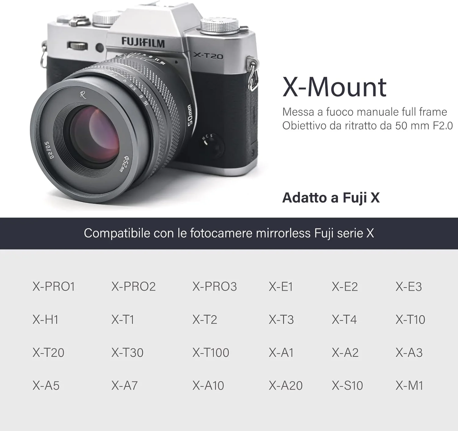 لنز 50 میلی‌متری F2.0 AstrHori با دیافراگم بزرگ، لنز فول فریم دستی سازگار با دوربین‌های بدون آینه فوجی فیلم X-Mount مدل‌های X-T100, X-S10, X-A1, X-A3, X-A5, X-A20, X-M1 و غیره (خاکستری)