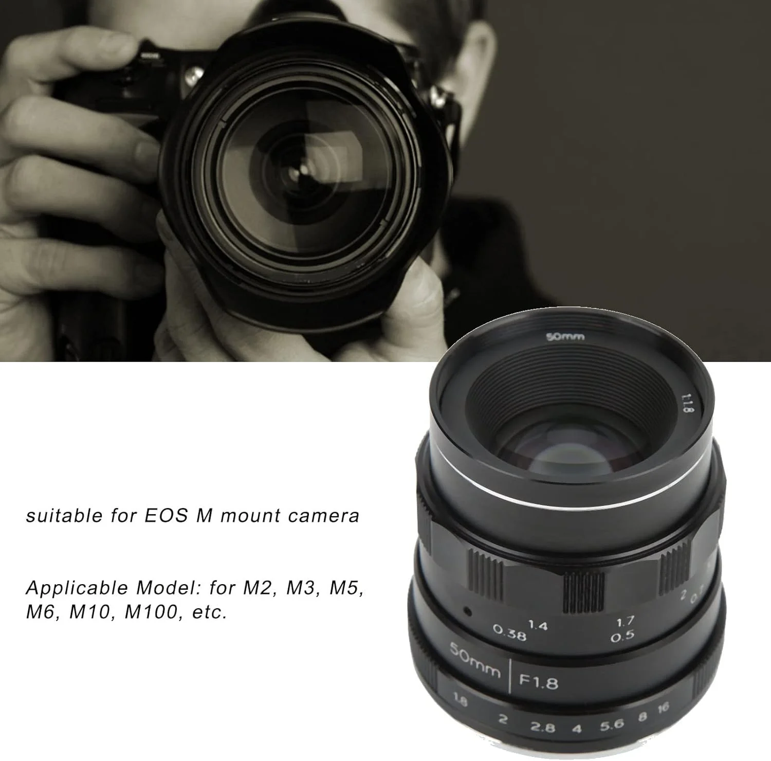 لنز 50 میلی‌متری با دیافراگم بزرگ F1.8 APS C با فوکوس دستی برای مانت EOS M مناسب دوربین‌های M2 M3 برای عکاسی از غذا، پرتره و مناظر