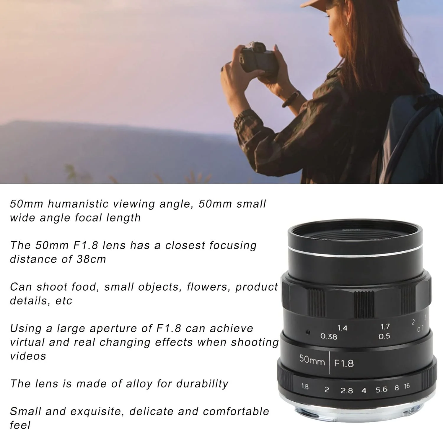 لنز 50 میلی‌متری با دیافراگم بزرگ F1.8 APS C با فوکوس دستی برای مانت EOS M مناسب دوربین‌های M2 M3 برای عکاسی از غذا، پرتره و مناظر