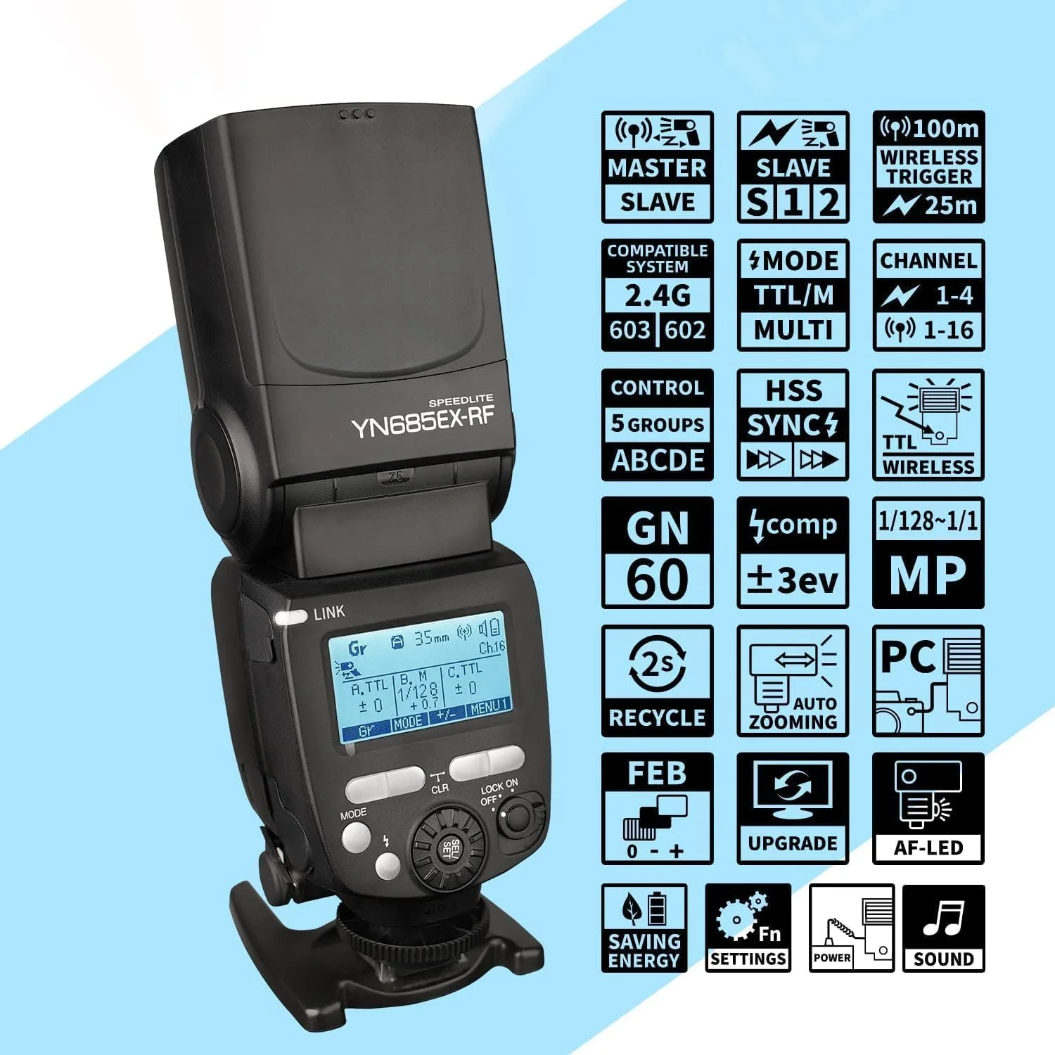 فلاش اسپیدلایت TTL مدل YONGNUO YN685EX-RF GN60 برای دوربین سونی، HSS 1/8000S، واحد فلاش مستر اسلیو، با سیستم تریگر 2.4G داخلی (ارسال سافت باکس نور)