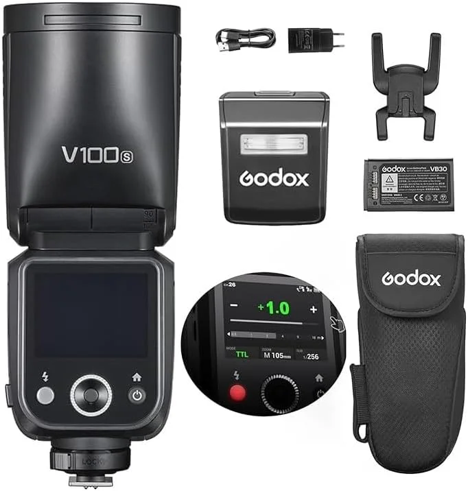فلاش دوربین بی سیم Godox V100S هد گرد 100 واتی Speedlite با باتری 2980 میلی آمپر ساعتی، زمان شارژ مجدد 1.7 ثانیه، لامپ تنظیم LED داخلی با فلاش فرعی قابل جابجایی + 24 عدد ژل فلاش برای دوربین سونی
