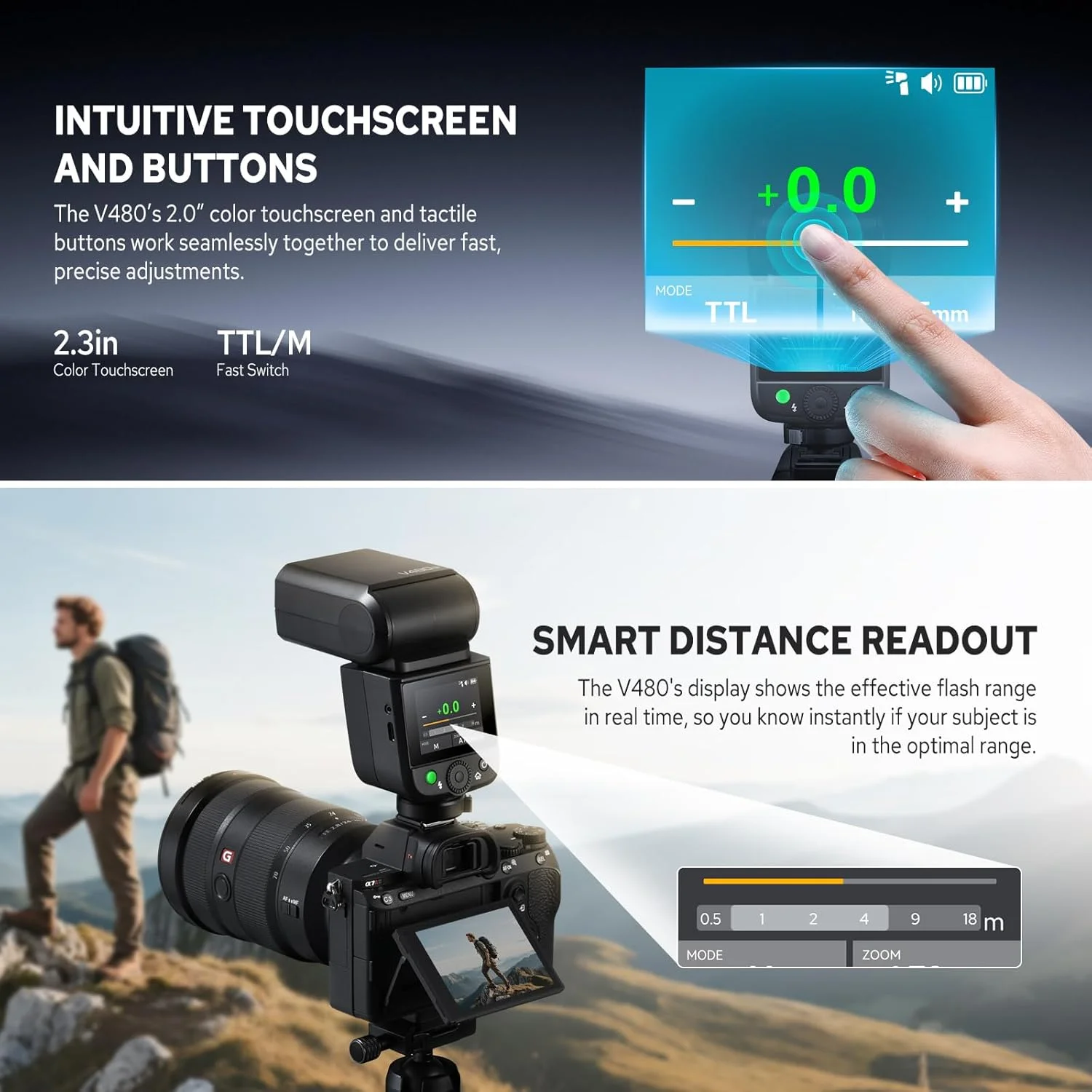 فلاش دوربین گودکس V480N TTL Li-Ion برای کانن با صفحه لمسی و دکمه های لمسی GN 50