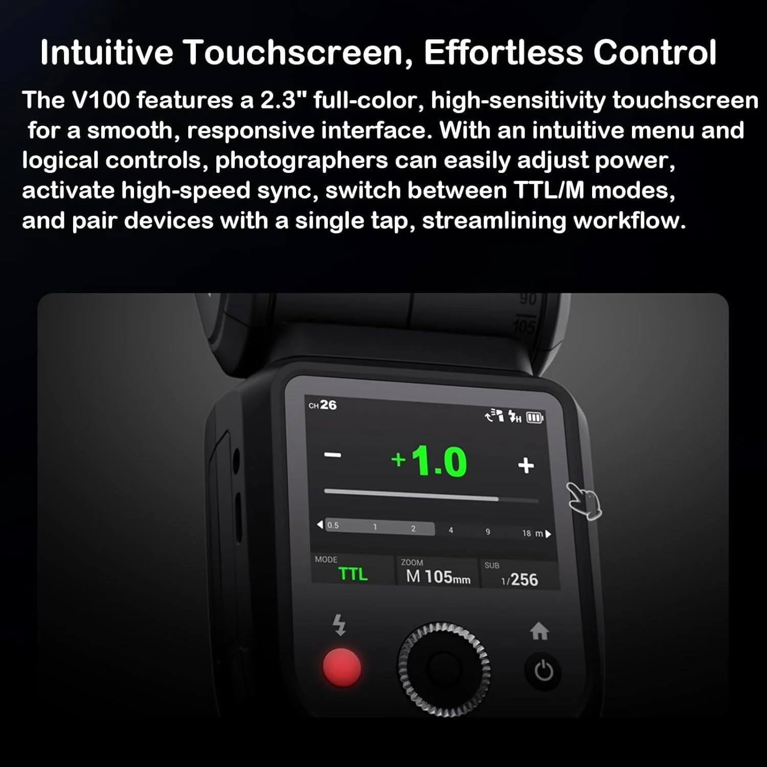 فلاش دوربین گودکس مدل V100 O، فلاش لمسی 100 واتی، فلاش های همگام سازی TTL HSS 1/8000s، سازگار با Olympus E-M1 III, Pen-F, E-PL8, E-P5 و Panasonic GH4 GX85 LX100 S1 S5 IIX