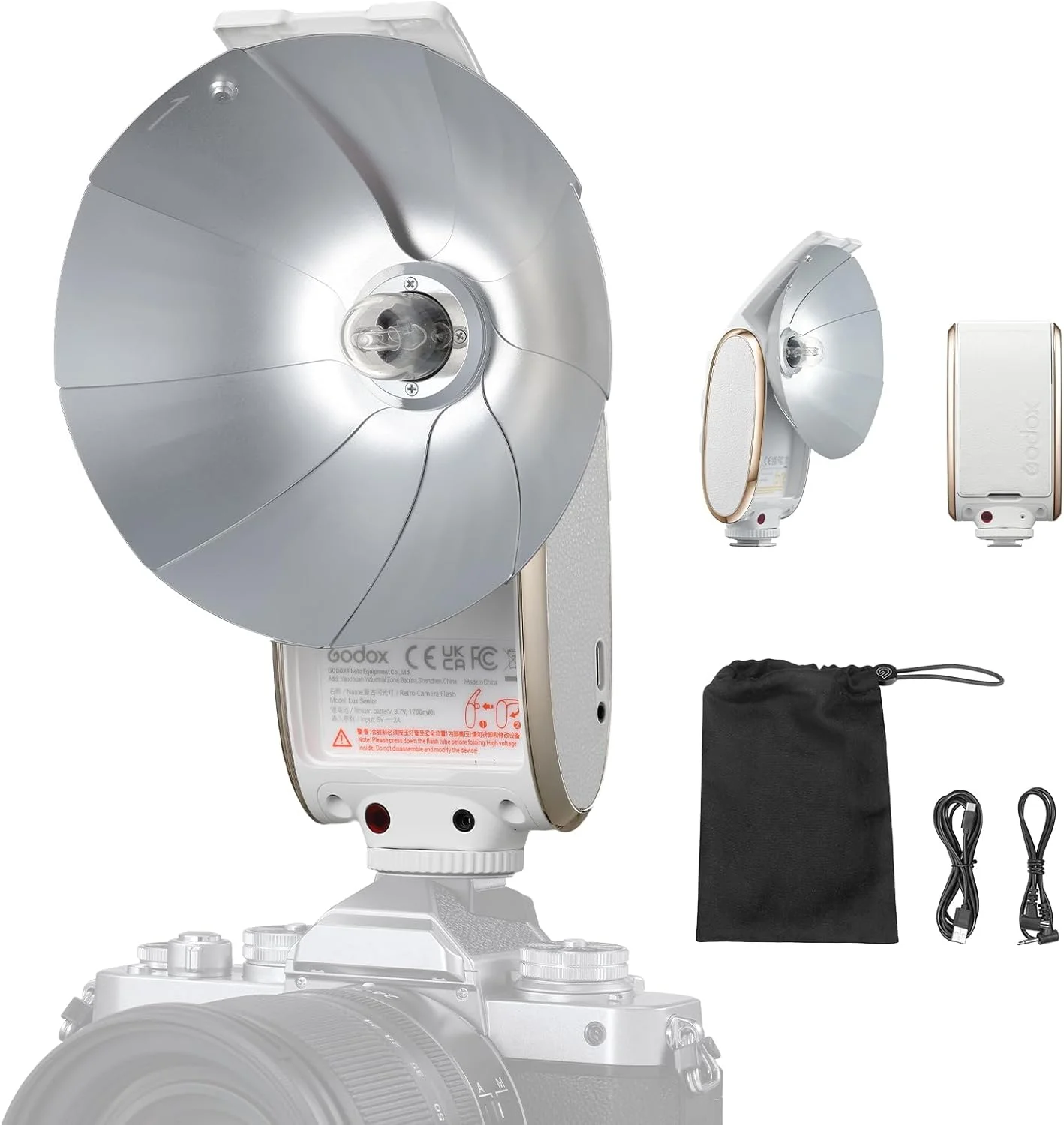کیت فلاش دوربین رترو Godox Lux Senior با دیفیوزر، GN14 1700mAh 6000K±200K CCT، حالت های خودکار و دستی 1/1-1/64 قدرت فلاش (سفید)