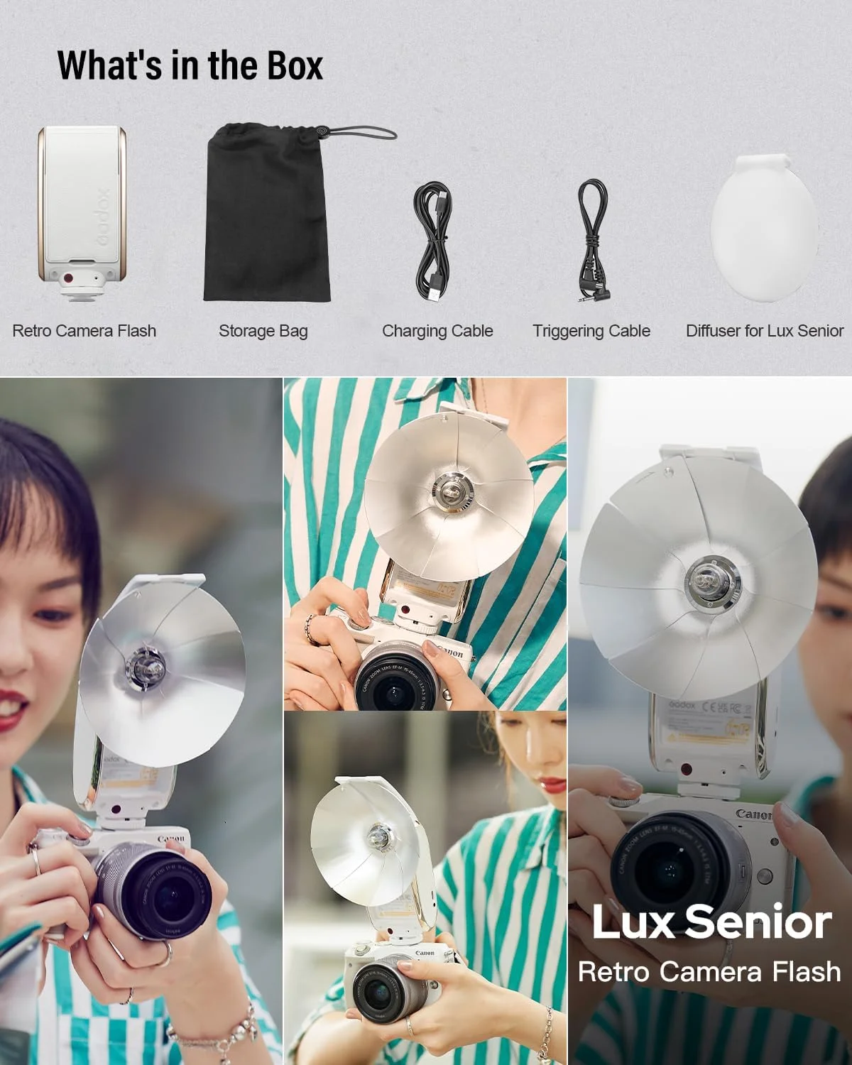 کیت فلاش دوربین رترو Godox Lux Senior با دیفیوزر، GN14 1700mAh 6000K±200K CCT، حالت های خودکار و دستی 1/1-1/64 قدرت فلاش (سفید)