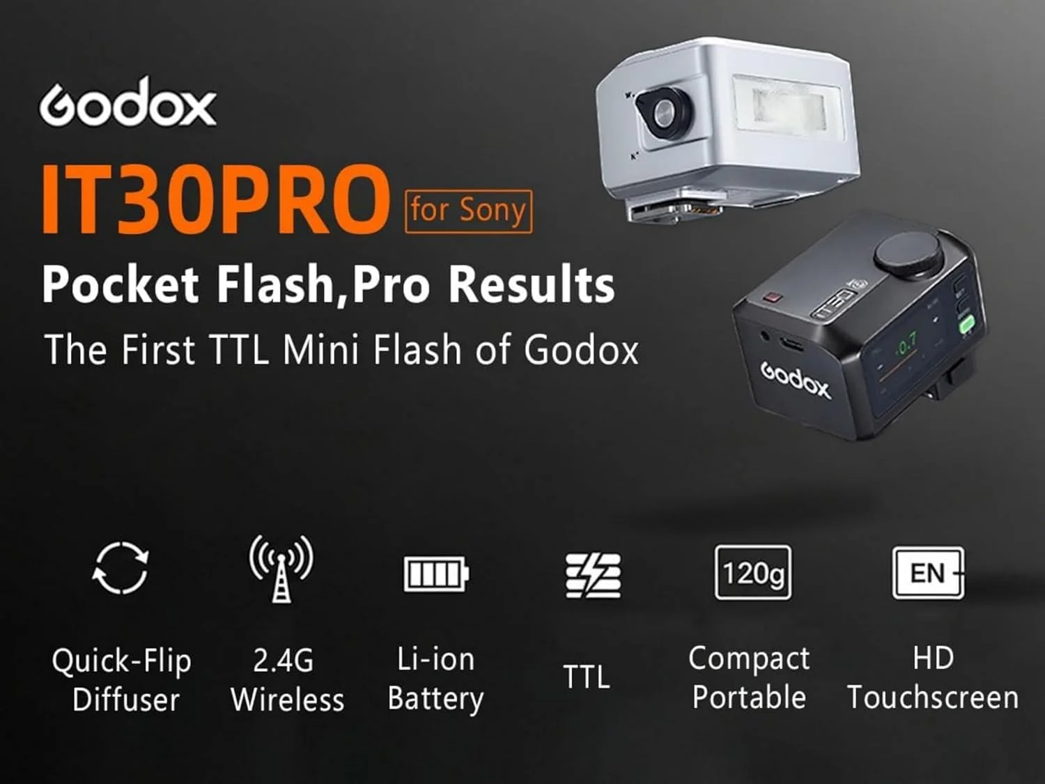 فلاش TTL گودکس iT30Pro S برای سونی، فلاش دوربین گودکس IT30 Pro S، iT30ProS 2.4G HSS 1/8000s، صفحه لمسی تمام رنگی، سازگار با a7IV a9III a7III a7CII a6000 a7C a7SIII ZV-E10 II a6500 (نقره ای)