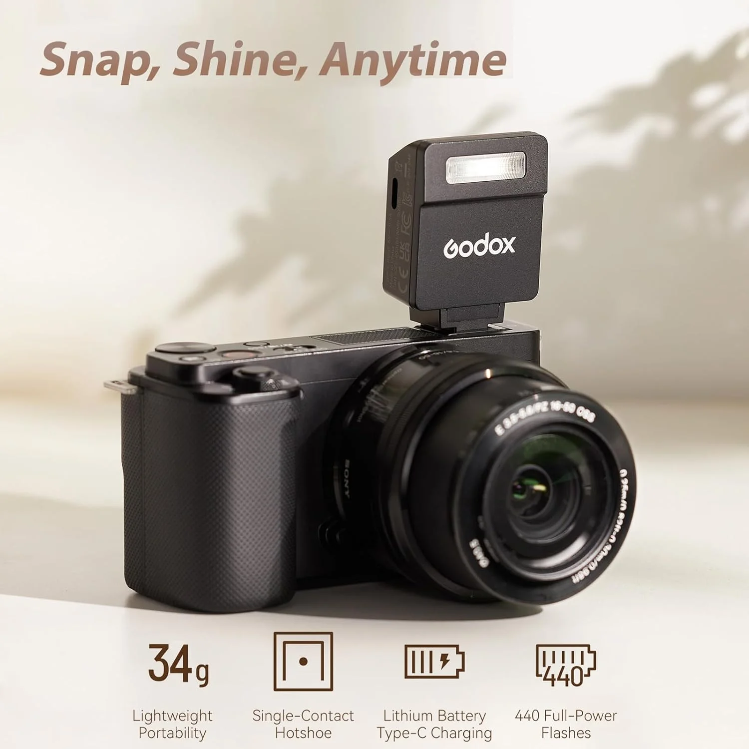 فلاش اکسترنال کوچک دوربین Godox iM22 با ۵ سطح قدرت، زمان بازیافت ۳ ثانیه، ۴۴۰ فلاش با قدرت کامل و شارژ Type-C، جایگزین باتری برای دوربین های بدون آینه کانن، نیکون و سونی