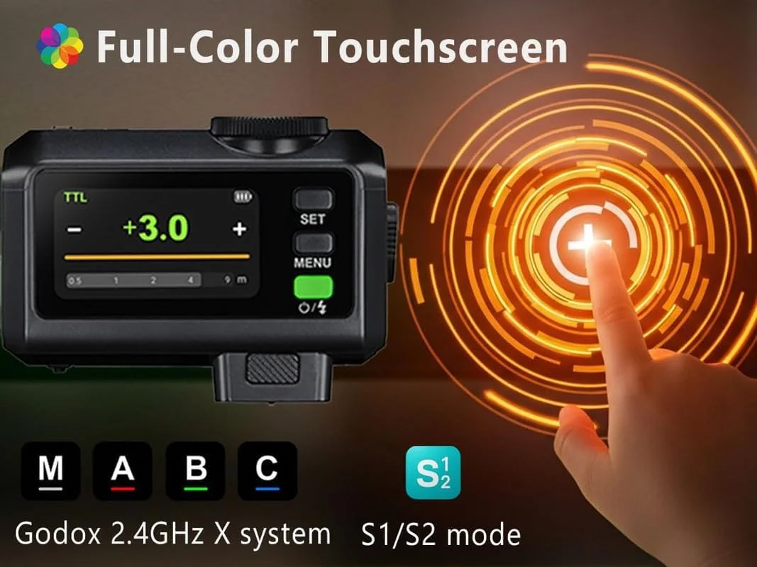 فلاش گودکس iT30 Pro S TTL برای سونی به همراه دیفیوزر سفید - مستر و گیرنده بی سیم، HSS 1/8000 ثانیه، بی سیم 2.4G، صفحه لمسی، مشکی به همراه دیفیوزر سفید، 1 عدد