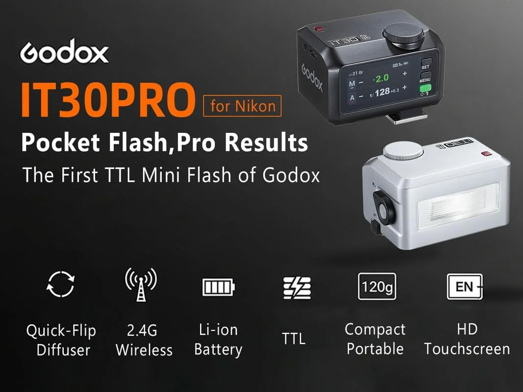 فلاش مینی TTL گودکس iT30 pro N - GODOX iT30Pro N برای نیکون - GoDOx IT30 Pro برای نیکون GodOX فلاش TTL، مستر و گیرنده بی سیم، HSS 1/8000 ثانیه، بی سیم 2.4G، فلاش نقره ای گودکس