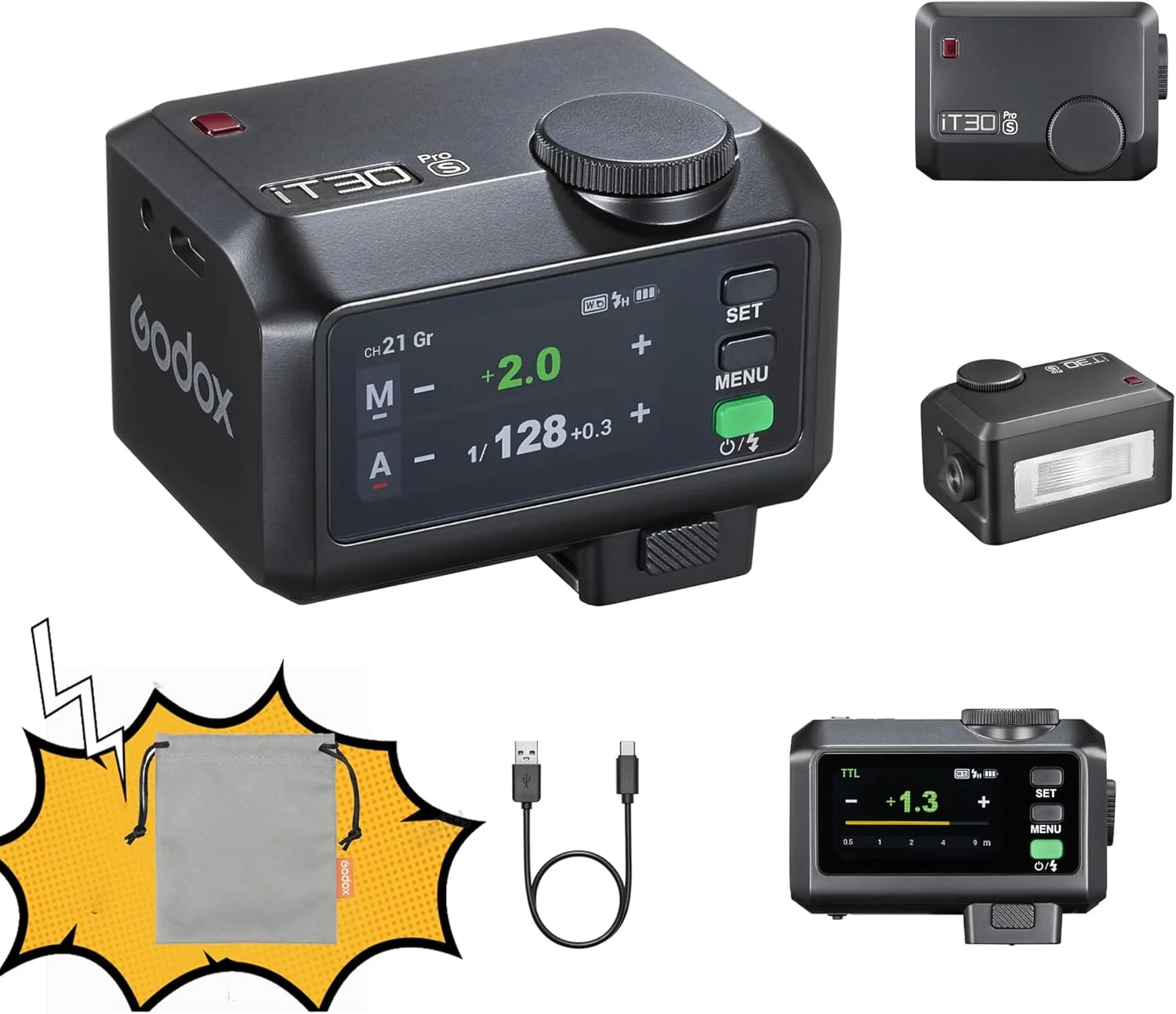 فلاش دوربین مینی GODOX IT30Pro TTL با صفحه لمسی تمام رنگی، HSS 1/8000 ثانیه، سیستم X 2.4GHz، دیفیوزر و باتری داخلی (IT30PRO-S برای سونی)