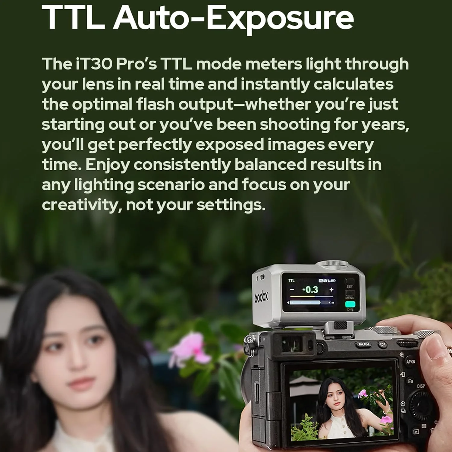 فلاش دوربین مینی GODOX IT30Pro TTL با صفحه لمسی تمام رنگی، HSS 1/8000 ثانیه، سیستم X 2.4GHz، دیفیوزر و باتری داخلی (IT30PRO-S برای سونی)