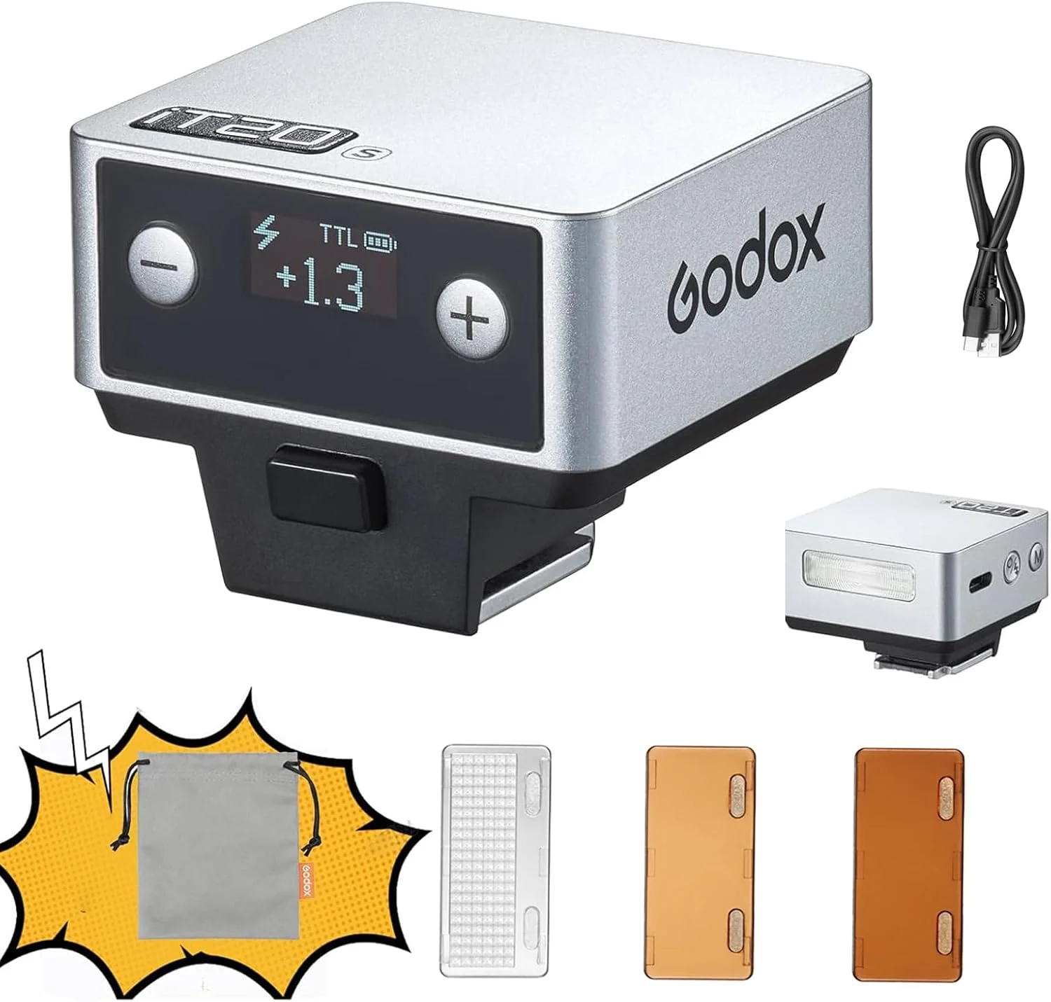 فلاش دوربین کوچک GODOX IT20 S TTL iFlash، بیش از 700 فلاش و بازیافت 1.5 ثانیه، 6 استاپ (1/32 تا 1/1 قدرت)، باتری داخلی با دیفیوزر و فیلتر مغناطیسی (نقره ای، برای سونی)