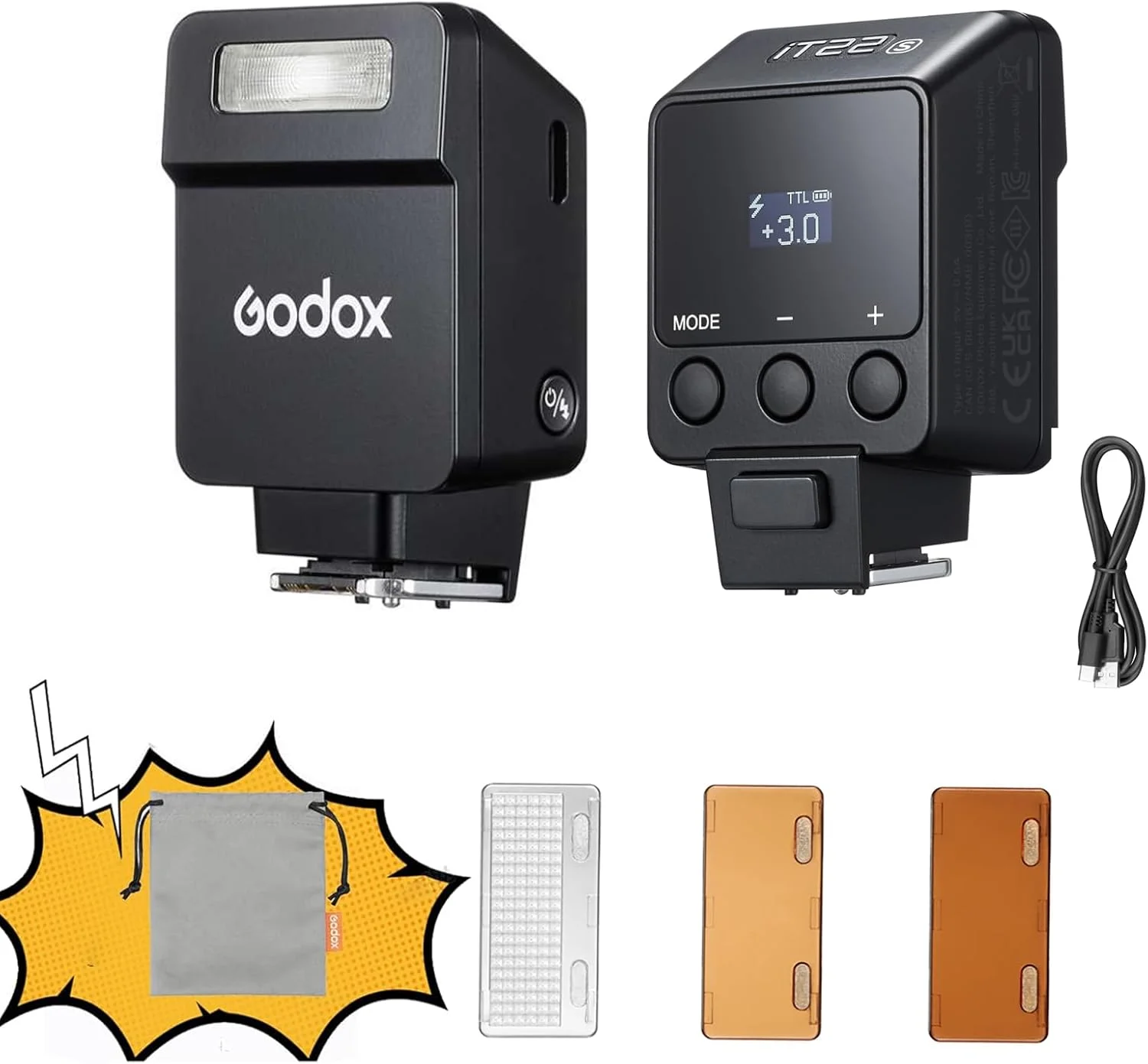 فلاش دوربین کوچک GODOX IT22 S TTL iFlash، بیش از 700 فلاش و بازیافت 1.5 ثانیه، 6 استاپ (1/32 تا 1/1 قدرت)، باتری داخلی با دیفیوزر و فیلتر مغناطیسی (مشکی، برای سونی)
