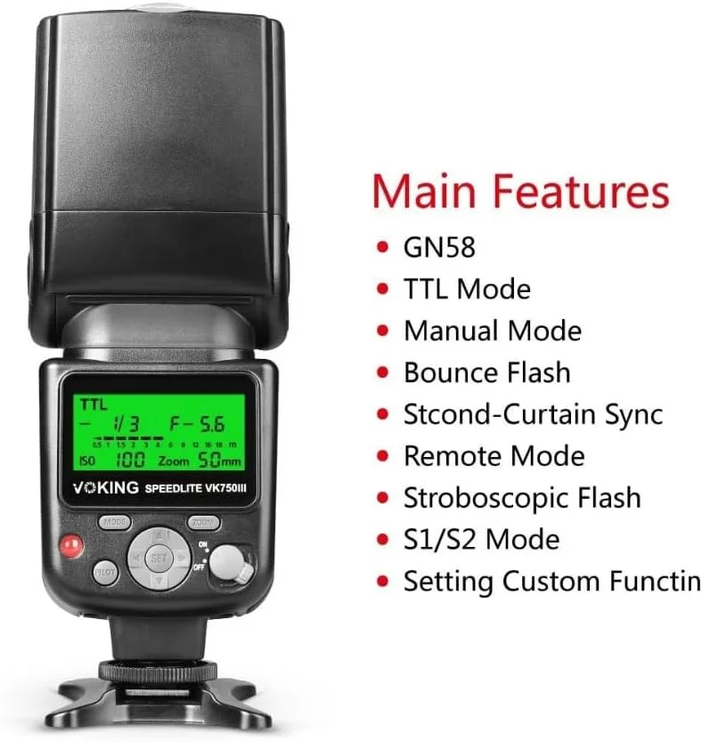 فلاش اسپیدلایت حالت TTL از راه دور Voking 750III با نمایشگر LCD برای دوربین های DSLR کانن با پایه اتصال استاندارد فلاش اسپیدلایت حالت TTL از راه دور Voking 750III با نمایشگر LCD برای دوربین های DSLR کانن با پایه اتصال استاندارد