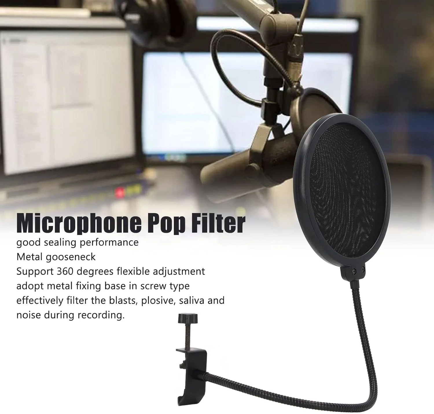 فیلتر پاپ میکروفون حرفه ای، صفحه پاپ بادگیر دولایه با بازوی تثبیت کننده گردن غازی انعطاف پذیر 360 درجه برای ضبط، کارائوکه، پخش زنده