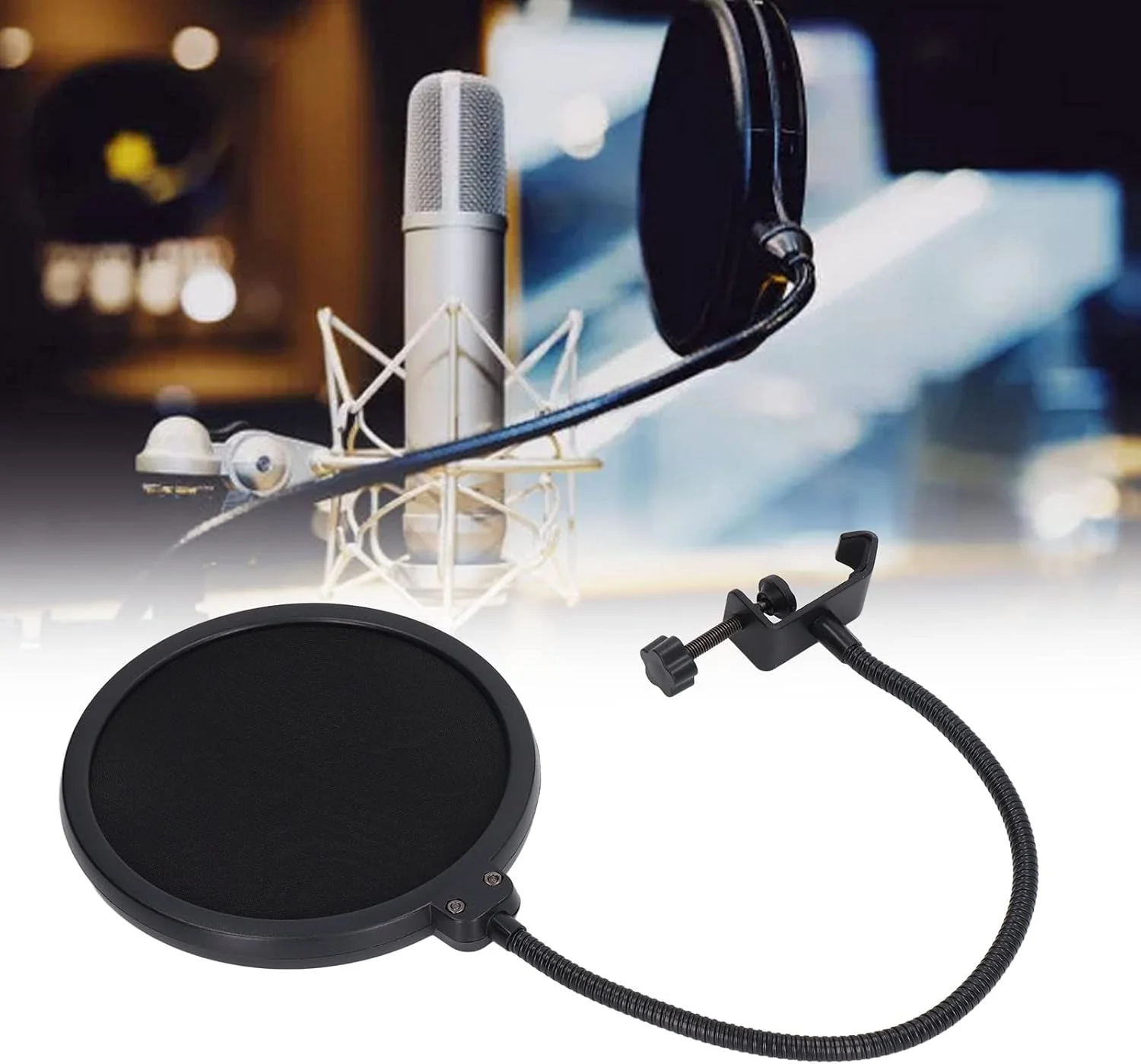 فیلتر پاپ میکروفون حرفه ای، صفحه پاپ بادگیر دولایه با بازوی تثبیت کننده گردن غازی انعطاف پذیر 360 درجه برای ضبط، کارائوکه، پخش زنده