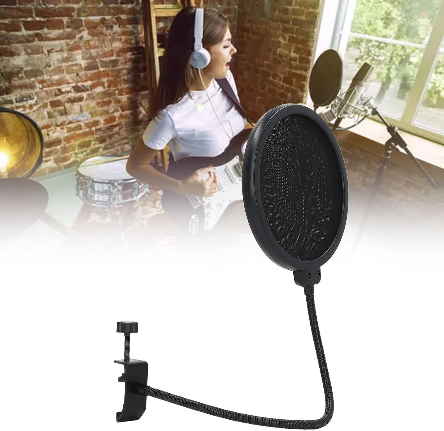 فیلتر پاپ میکروفون حرفه ای، صفحه پاپ بادگیر دولایه با بازوی تثبیت کننده گردن غازی انعطاف پذیر 360 درجه برای ضبط، کارائوکه، پخش زنده