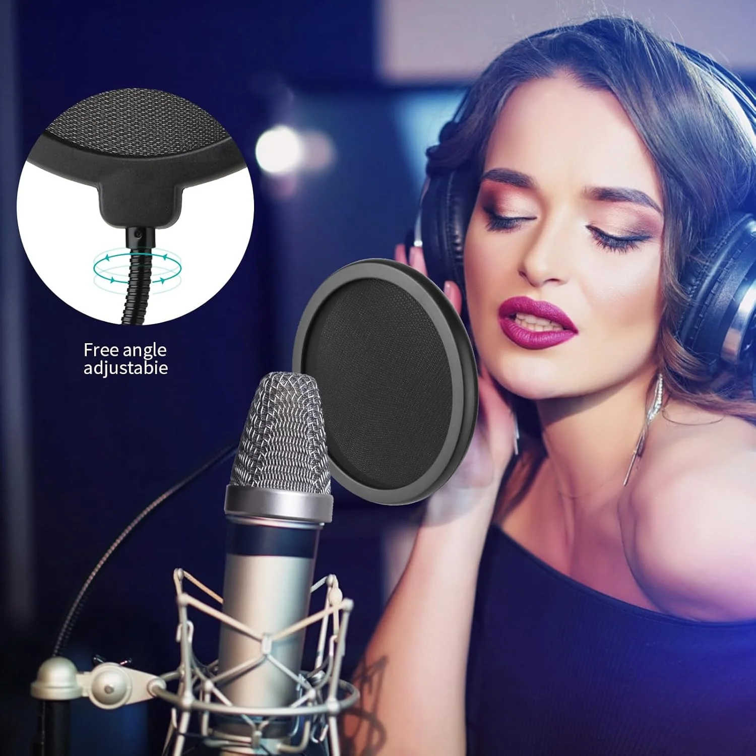 محافظ پاپ فیلتر میکروفون حرفه ای، محافظ صفحه ماسک باد میکروفون با Blue Yeti و هر میکروفون دیگر، صفحه پاپ باد دولایه با بازوی تثبیت کننده گیره گردن غازی انعطاف پذیر 360 درجه