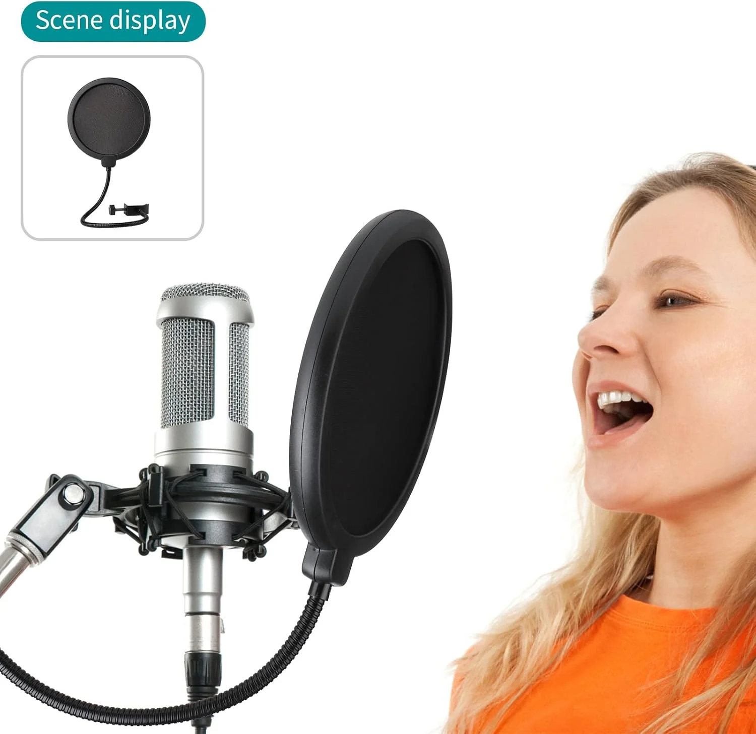 محافظ پاپ فیلتر میکروفون حرفه ای، محافظ صفحه ماسک باد میکروفون با Blue Yeti و هر میکروفون دیگر، صفحه پاپ باد دولایه با بازوی تثبیت کننده گیره گردن غازی انعطاف پذیر 360 درجه