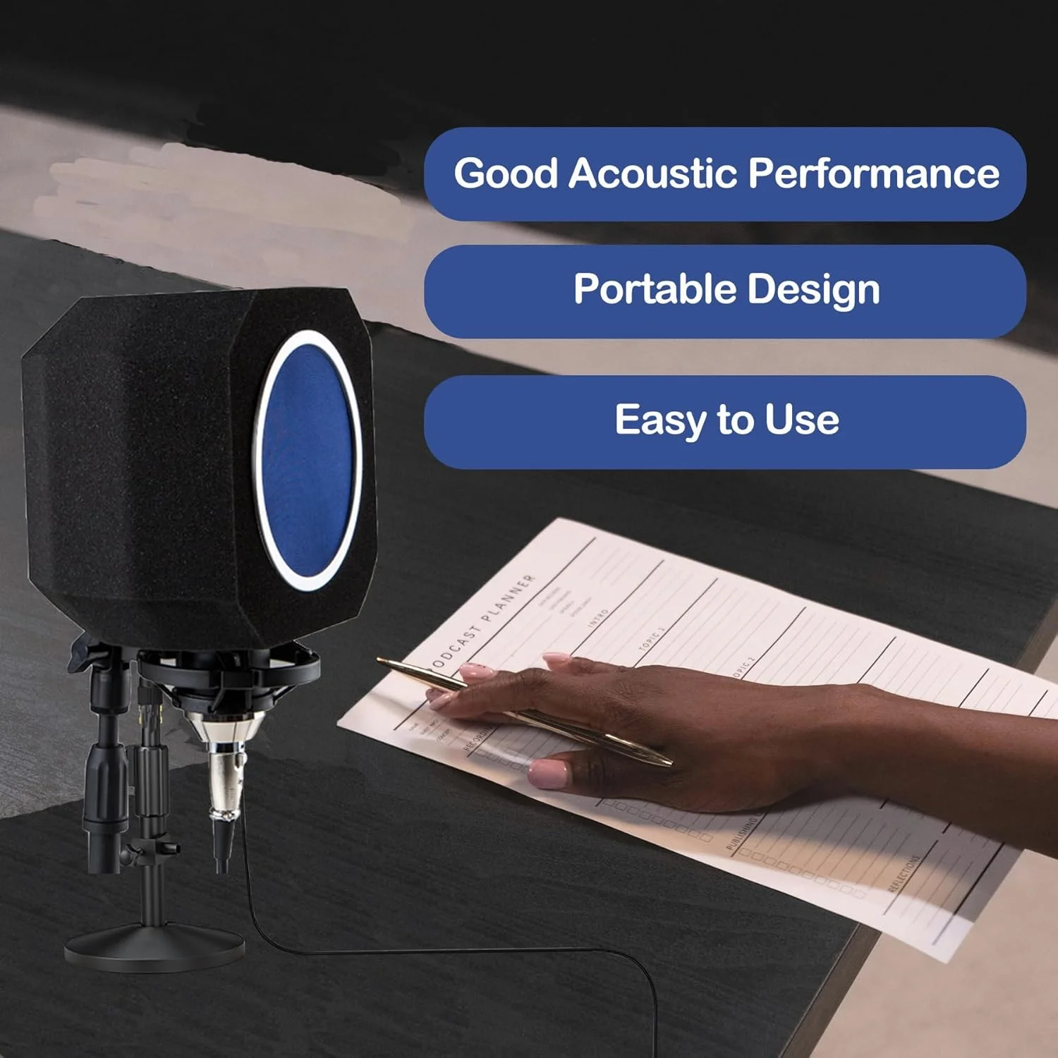 محافظ ایزولاسیون میکروفون حرفه ای، فوم جاذب صدا قابل حمل برای انعکاس و نویز، پاپ فیلتر میکروفون برای استودیوهای ضبط، پخش زنده، پادکست