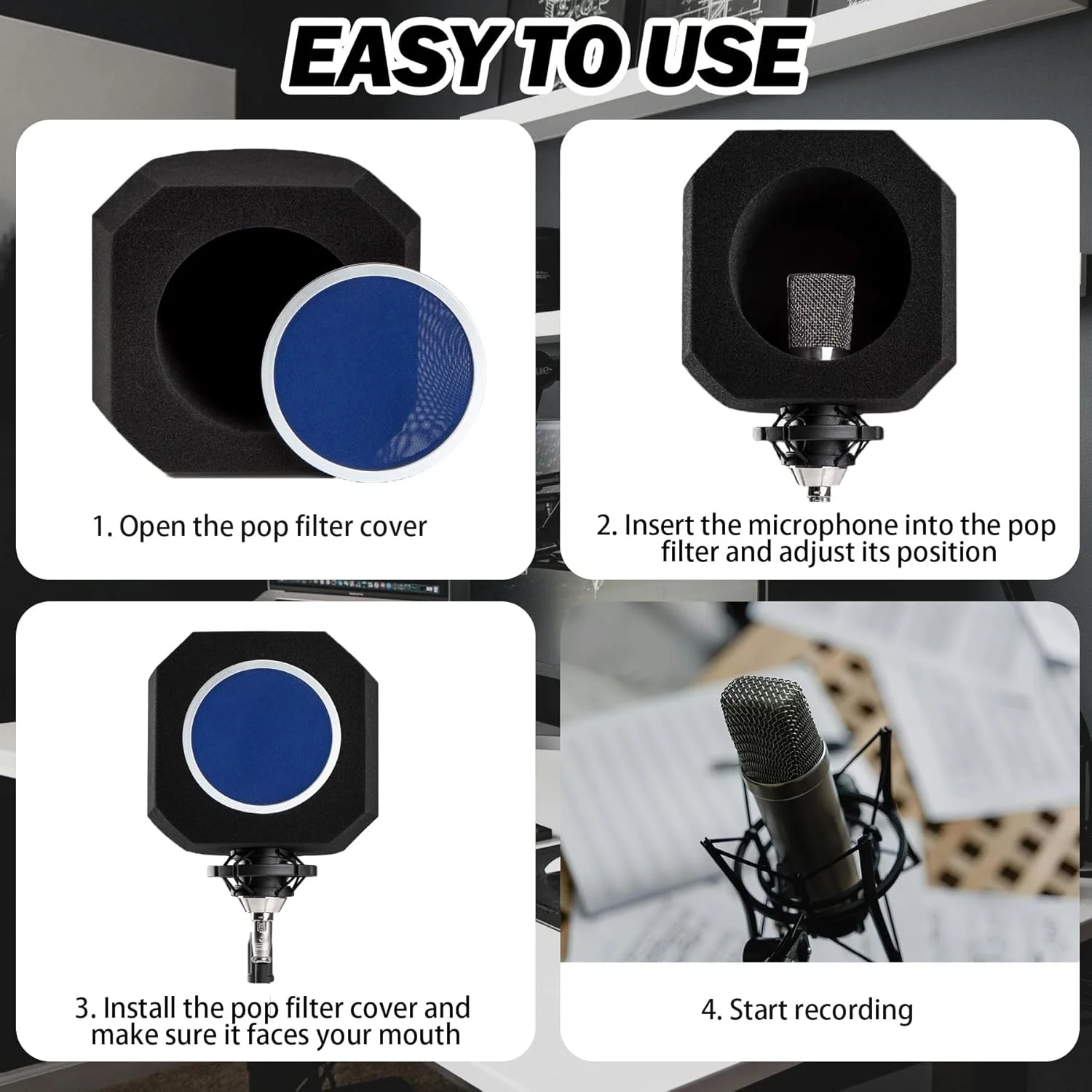 محافظ ایزولاسیون میکروفون حرفه ای، فوم جاذب صدا قابل حمل برای انعکاس و نویز، پاپ فیلتر میکروفون برای استودیوهای ضبط، پخش زنده، پادکست