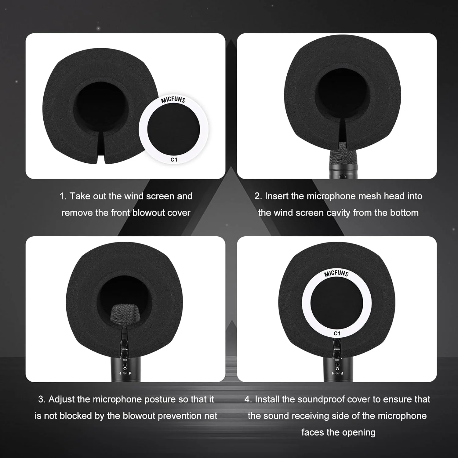 فیلتر پاپ میکروفون حرفه ای C1، فیلتر آکوستیک برای میکروفون های استودیو ضبط با قطر 45 تا 60 میلی متر (مشکی)