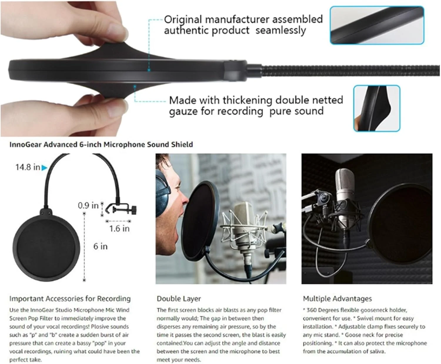 فیلتر پاپ میکروفون | محافظ پاپ میکروفون استودیویی - محافظ باد تجهیزات صوتی دو لایه با گردن غازی انعطاف پذیر برای دوبله و آواز
