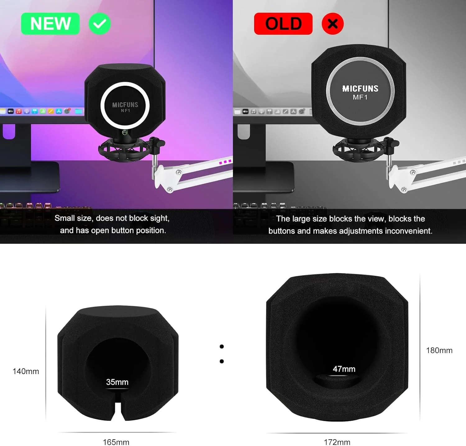 پاپ فیلتر میکروفون مدل nf1، محافظ صفحه بادگیر، فیلتر آکوستیک ضبط صدا و کاهش نویز، پوشش ضد صدا کاهش دهنده انعکاس مناسب میکروفون های 45mm-60mm (مشکی)
