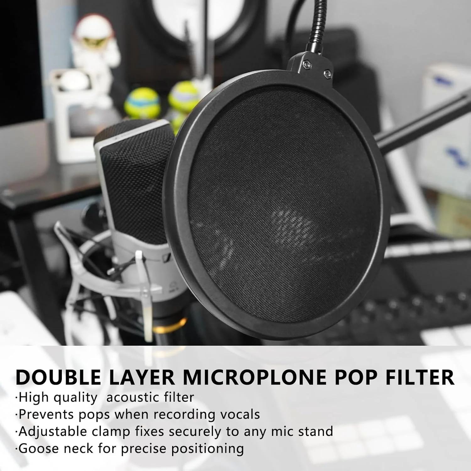 فیلتر پاپ میکروفون سازگار با Razer Seiren X, Mini, V2 Pro, Elite, Emote، محافظ فیلتر میکروفون Proscreen با بازوی فلزی تثبیت کننده، ماسک ضد پاپ با گیره C