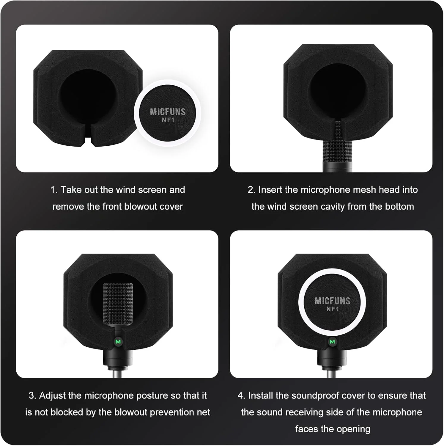 پاپ فیلتر میکروفون مدل nf1، محافظ صفحه بادگیر، فیلتر آکوستیک ضبط صدا و کاهش نویز، پوشش ضد صدا کاهش دهنده انعکاس مناسب میکروفون های 45mm-60mm (مشکی)