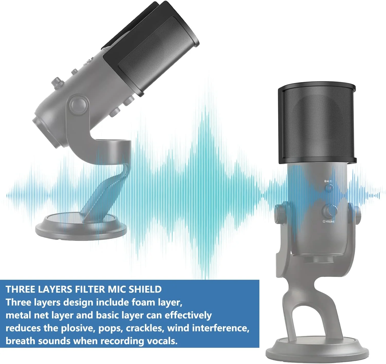 فیلتر پاپ میکروفون PEMOTech برای میکروفون های Blue Yeti و سایر میکروفون ها، [سه لایه ارتقا یافته] توری فلزی و فوم و لایه اتامین محافظ بادگیر میکروفون دستی