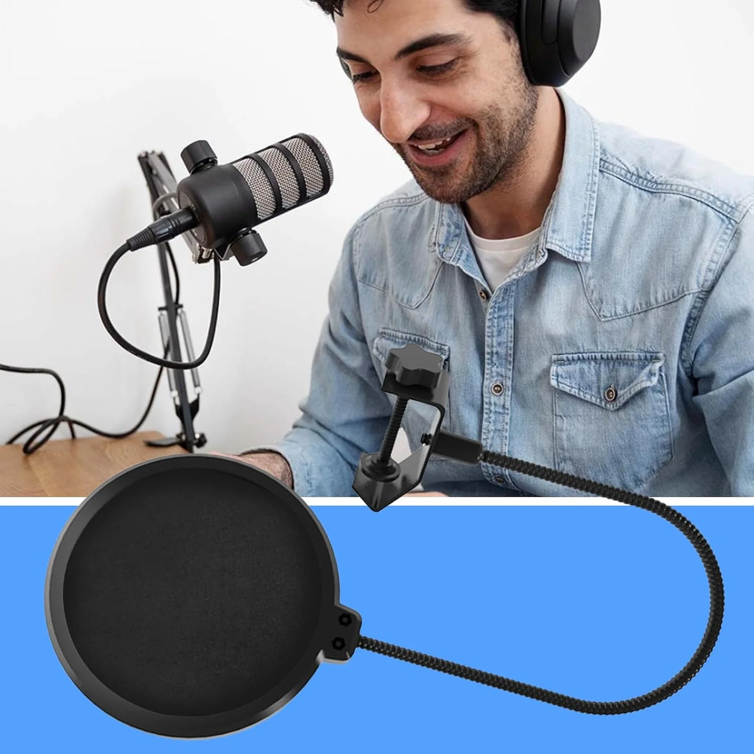 فیلتر پاپ میکروفون | محافظ باد میکروفون ضبط صدا | محافظ باد تجهیزات صوتی دو لایه با گردن غازی قابل تنظیم برای مجریان و بازیگران