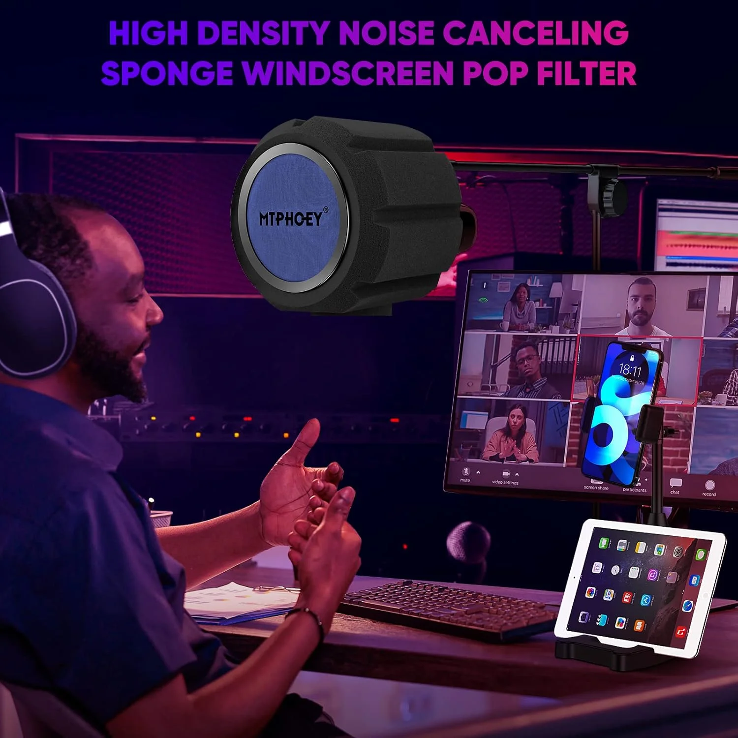 فیلتر پاپ میکروفون به همراه پایه میکروفون و نگهدارنده تلفن همراه، شیلد ضبط صدا، فیلتر پاپ میکروفون فوم جاذب صدا برای میکروفون بزرگ، تجهیزات استودیویی ضبط داخلی و خارجی