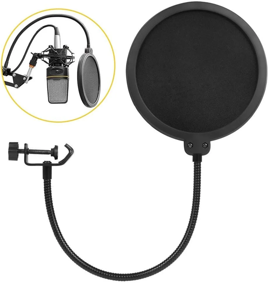 فیلتر پاپ میکروفون استودیویی دولایه با شکل گرد، ماسک محافظ باد میکروفون به همراه گیره پایه